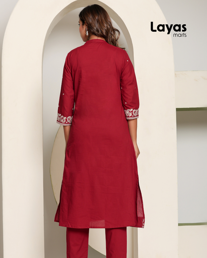 Red Chikankari Style Embroidered A-Line Kurta with Pant – Pure Cotton Set