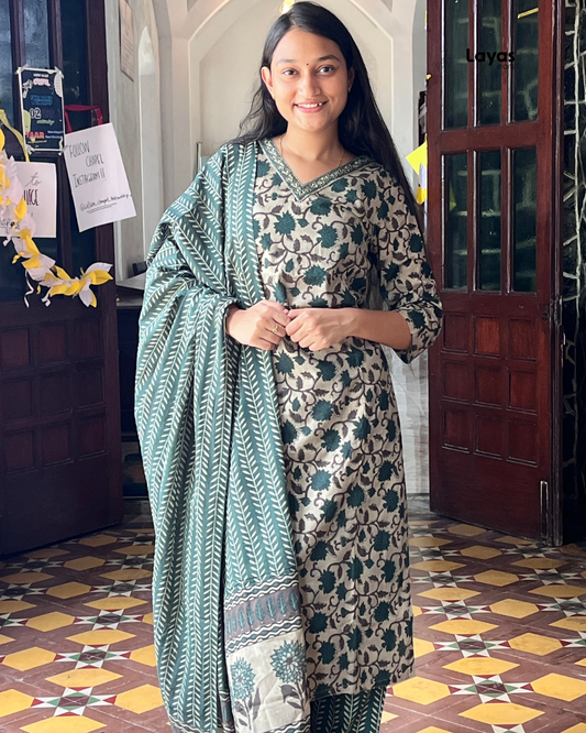Green Floral Printed Cotton Suit Set with Dupatta