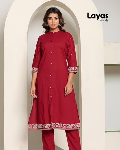 Red Chikankari Style Embroidered A-Line Kurta with Pant – Pure Cotton Set