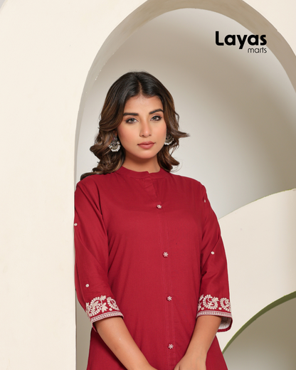 Red Chikankari Style Embroidered A-Line Kurta with Pant – Pure Cotton Set