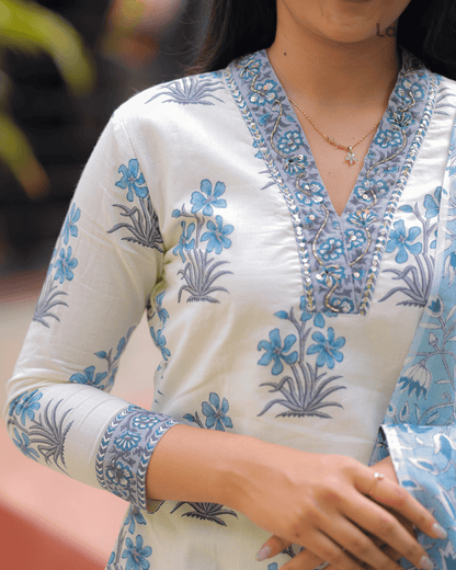Cream White Floral Cotton Kurta Pant Dupatta Set – Layas Marts