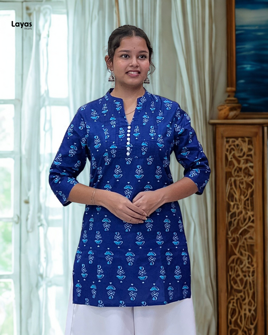 Neelaya Blue Handblock style Cotton Short Kurta by Layas Marts