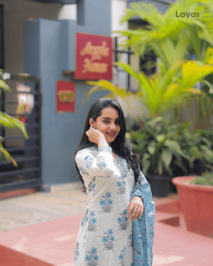 Cream White Floral Cotton Kurta Pant Dupatta Set – Layas Marts