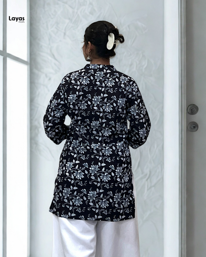 Elegant Black Floral Cotton Short Kurta – Layas Marts