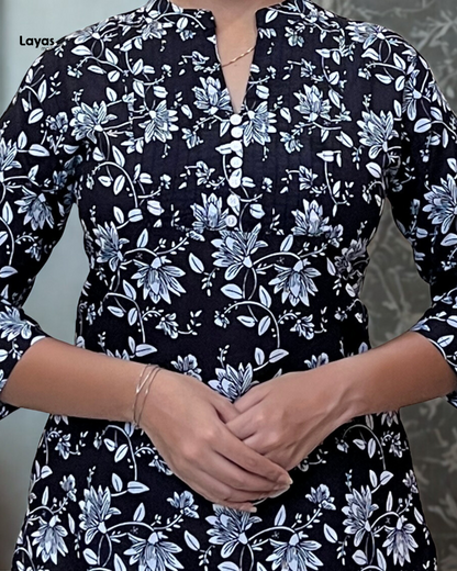 Elegant Black Floral Cotton Short Kurta – Layas Marts