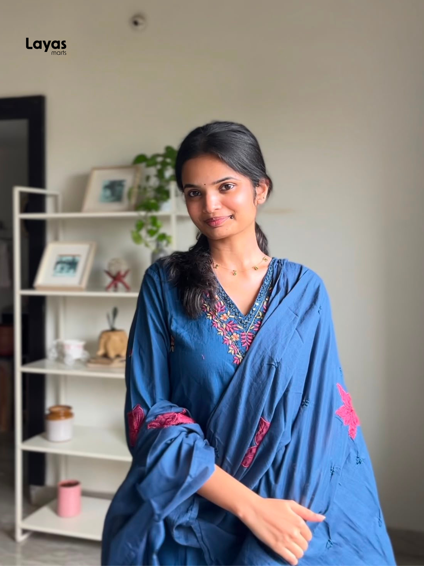 Gulmegh Indigo Blue Floral Embroidered Cotton Kurta Set