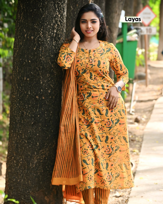 Yellow Floral Printed Cotton Suit Set