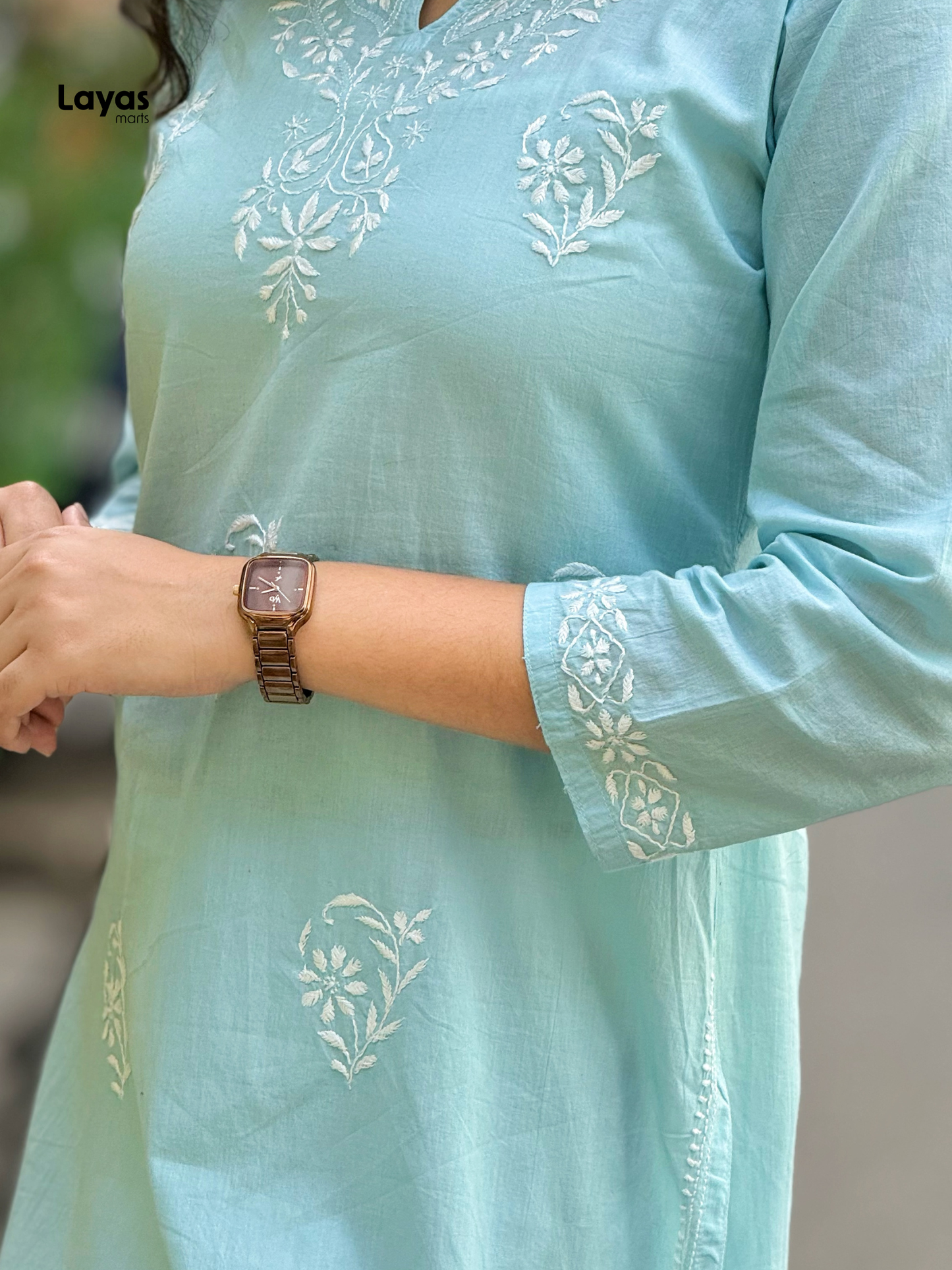 Pashni Powder Blue Cotton Chikankari Kurti