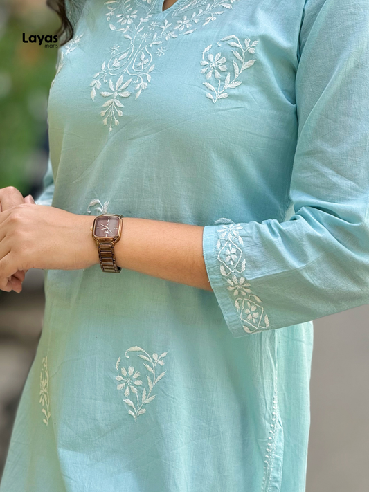 Pashni Powder Blue Cotton Chikankari Kurti