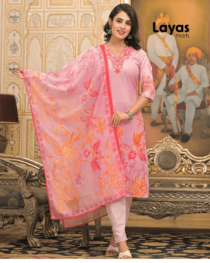 Yellow & Pink Floral Printed Cotton Kurta Set with Dupatta – Layas Marts