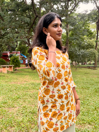 Kusmeya Cream Yellow Floral Corset Short Kurti