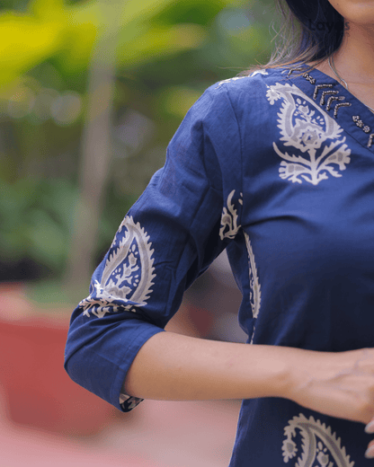 Navy Blue Floral Cotton Kurta  Pant Dupatta Set – Layas Marts