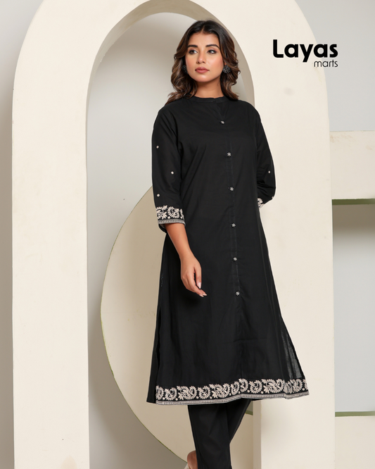 Black Chikankari Style Embroidered A-Line Kurta with Pant – Pure Cotton Set