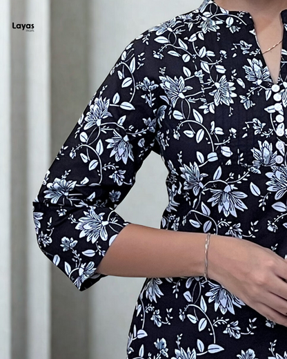 Elegant Black Floral Cotton Short Kurta – Layas Marts