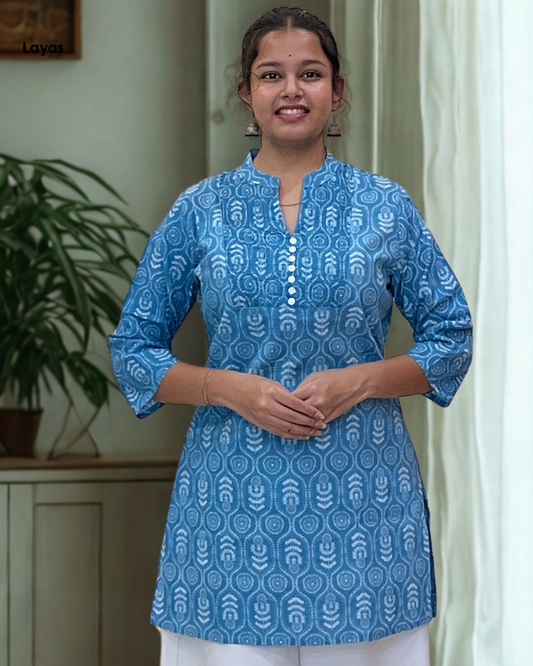 Nayra Sky Blue Printed Cotton Short Kurta – Everyday Elegance | Layas Marts