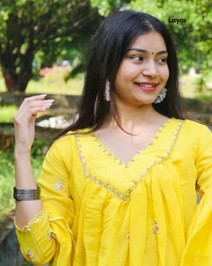 Yellow Gold Embroidered Chanderi  Kurta Set