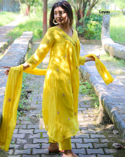 Yellow Gold Embroidered Chanderi  Kurta Set