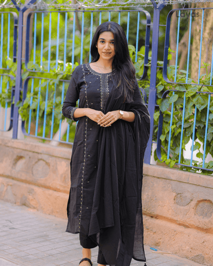 Black Embroidered Mulmul Cotton Suit Set – Layas Marts