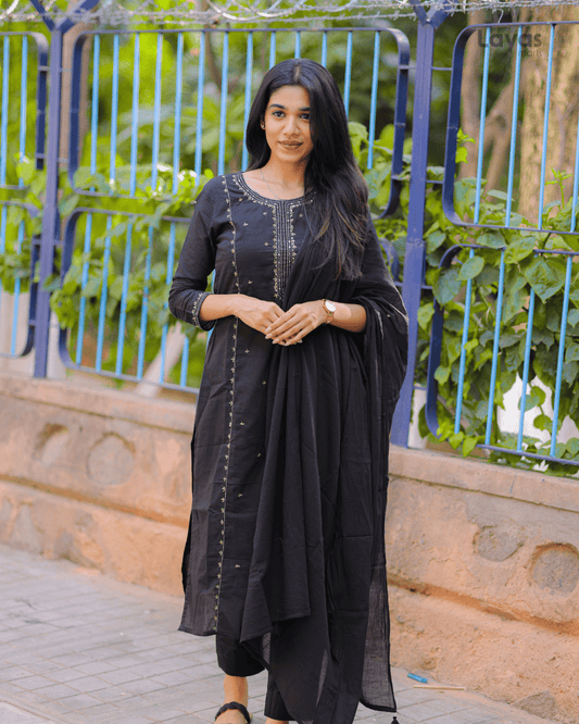 Black Embroidered Mulmul Cotton Suit Set – Layas Marts
