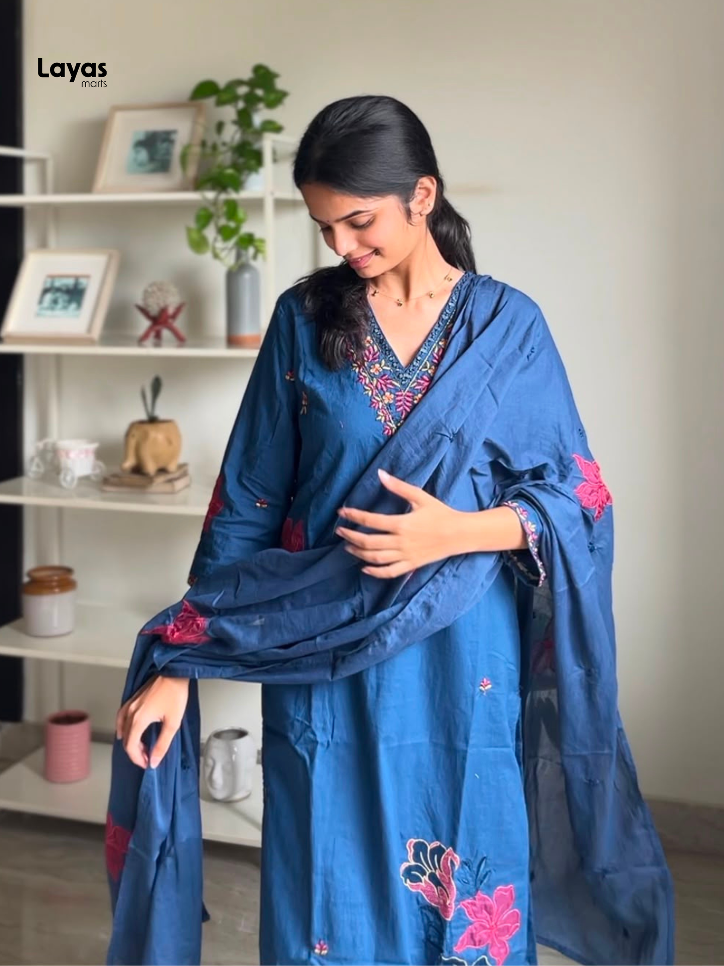 Gulmegh Indigo Blue Floral Embroidered Cotton Kurta Set