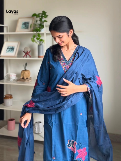 Gulmegh Indigo Blue Floral Embroidered Cotton Kurta Set