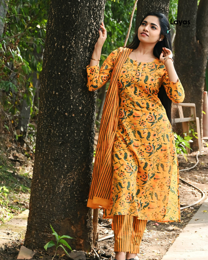 Yellow Floral Printed Cotton Suit Set