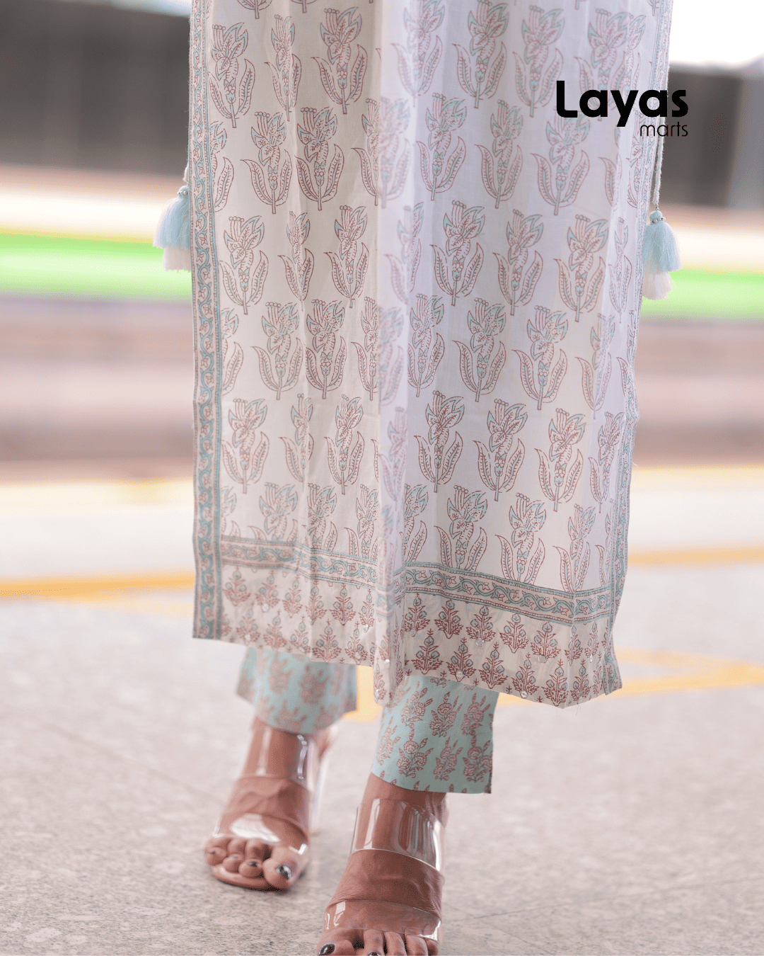 Turquoise Jaipuri Printed Naira Cut Kurta Pant Set