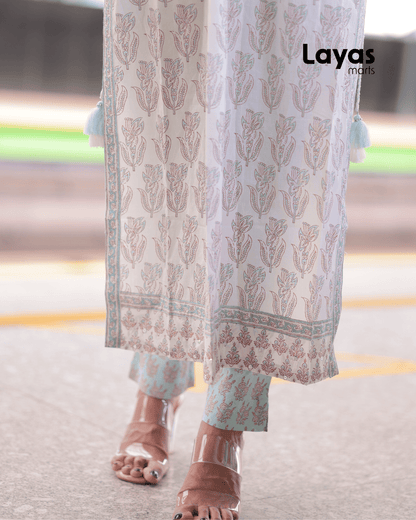 Turquoise Jaipuri Printed Naira Cut Kurta Pant Set