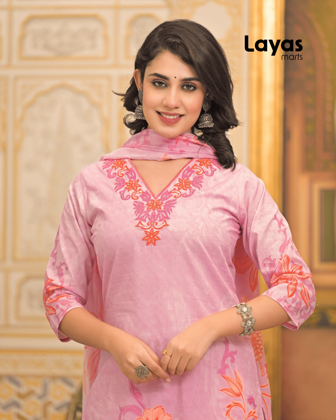 Yellow & Pink Floral Printed Cotton Kurta Set with Dupatta – Layas Marts