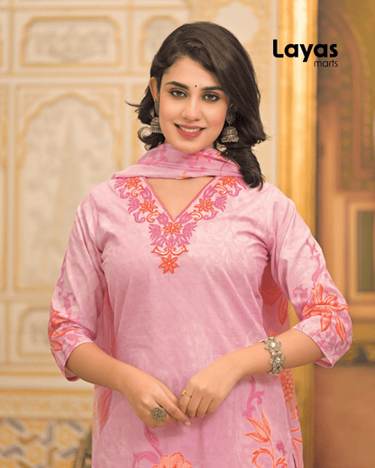 Yellow & Pink Floral Printed Cotton Kurta Set with Dupatta – Layas Marts