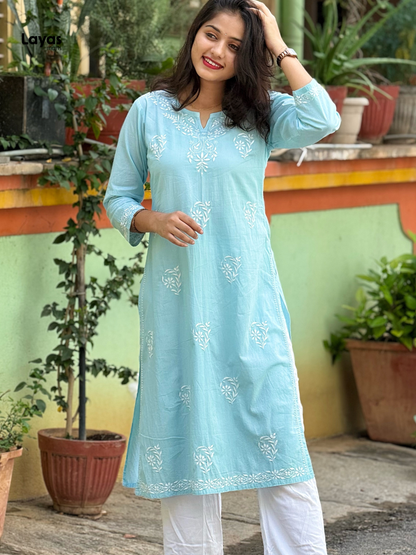 Pashni Powder Blue Cotton Chikankari Kurti