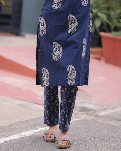 Navy Blue Floral Cotton Kurta  Pant Dupatta Set – Layas Marts