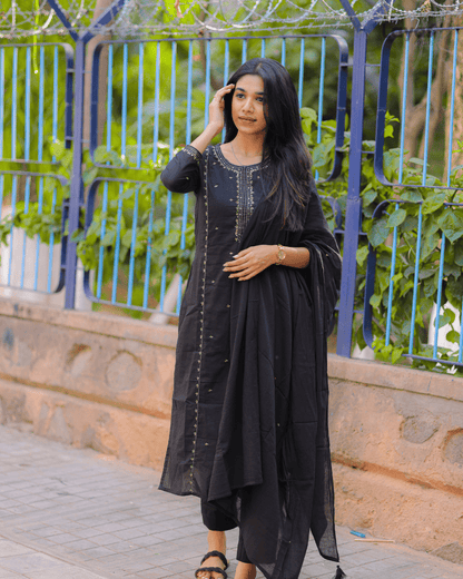 Black Embroidered Mulmul Cotton Suit Set – Layas Marts