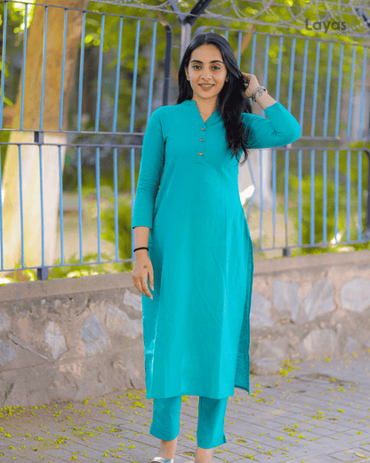 Teal Green Solid Cotton Casual Kurta (Set of 1)