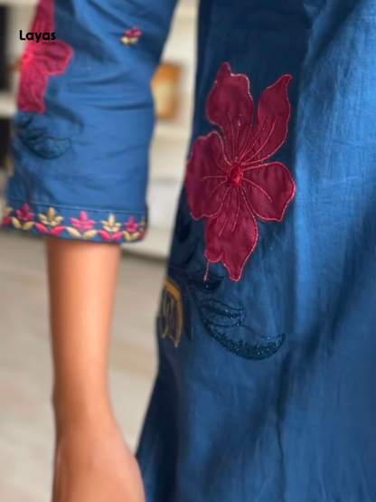 Gulmegh Indigo Blue Floral Embroidered Cotton Kurta Set