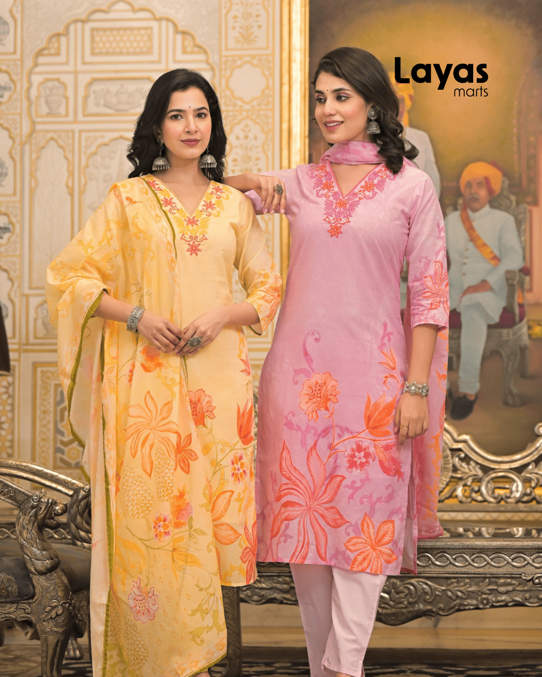 Yellow & Pink Floral Printed Cotton Kurta Set with Dupatta – Layas Marts