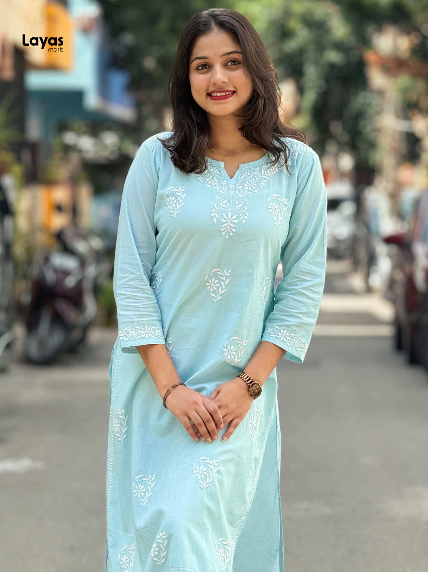 Pashni Powder Blue Cotton Chikankari Kurti