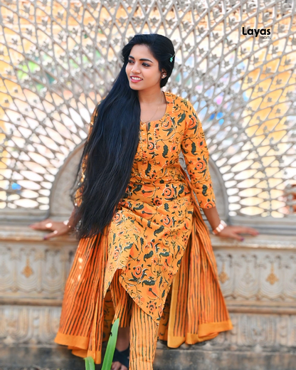 Yellow Floral Printed Cotton Suit Set