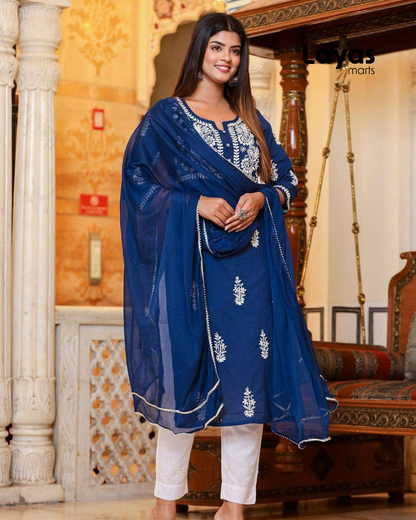 Navy Blue Lucknow Chikankari Kurta Pant Set With Dupatta (Set of 3)