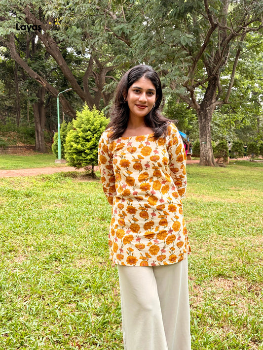 Kusmeya Cream Yellow Floral Corset Short Kurti
