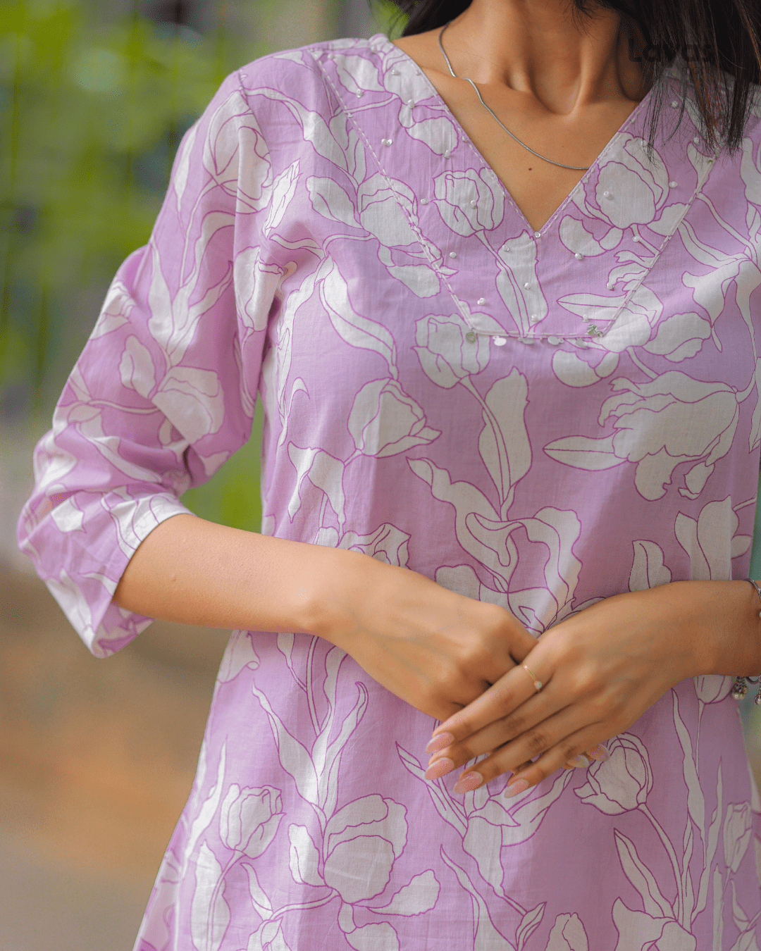 Elegant Lavender Cotton Floral Print Kurta Pant Set