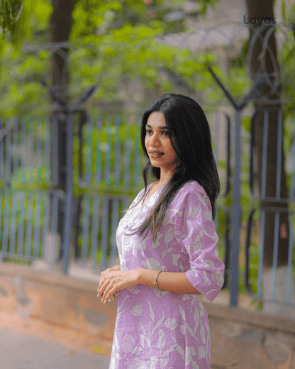 Elegant Lavender Cotton Floral Print Kurta Pant Set