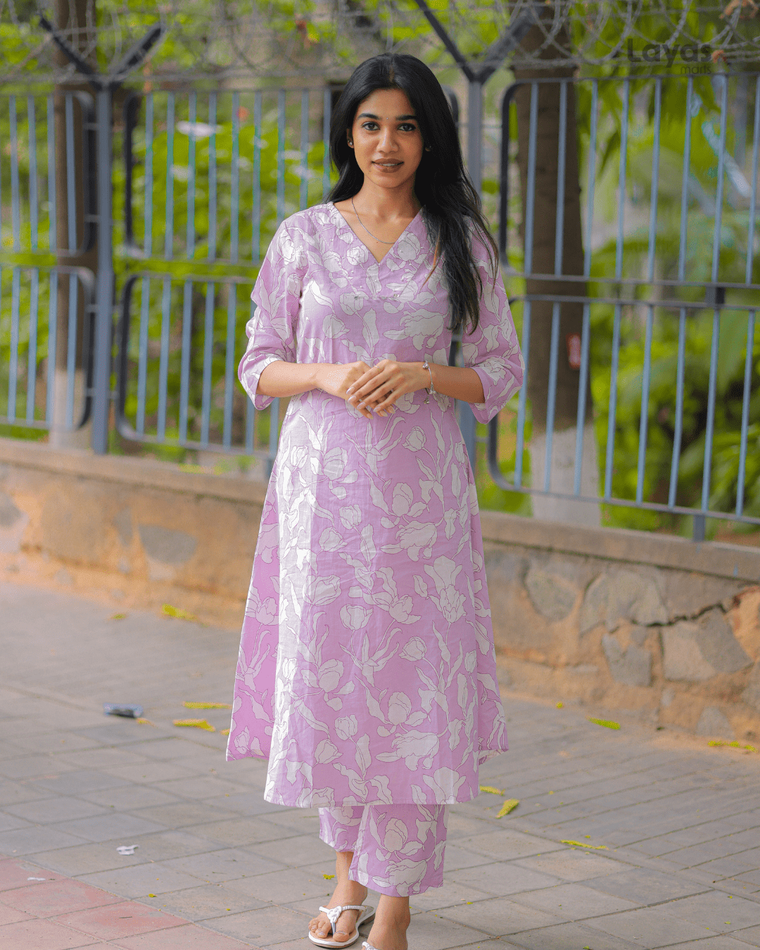 Elegant Lavender Cotton Floral Print Kurta Pant Set