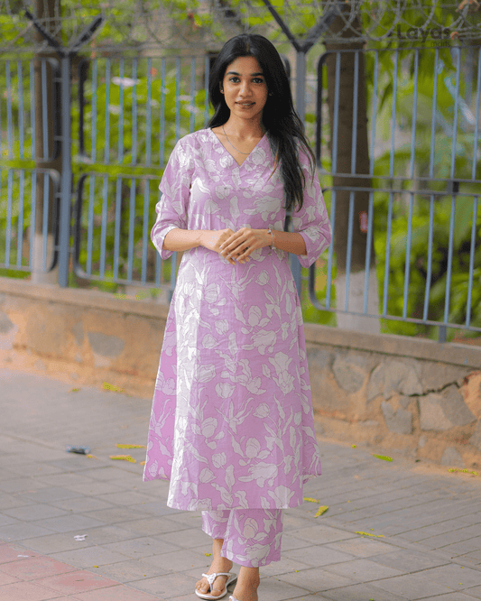 Elegant Lavender Cotton Floral Print Kurta Pant Set