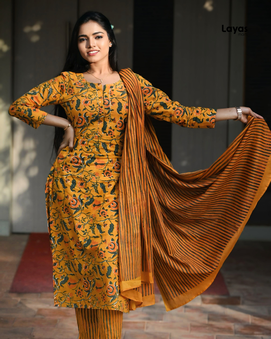 Yellow Floral Printed Cotton Suit Set
