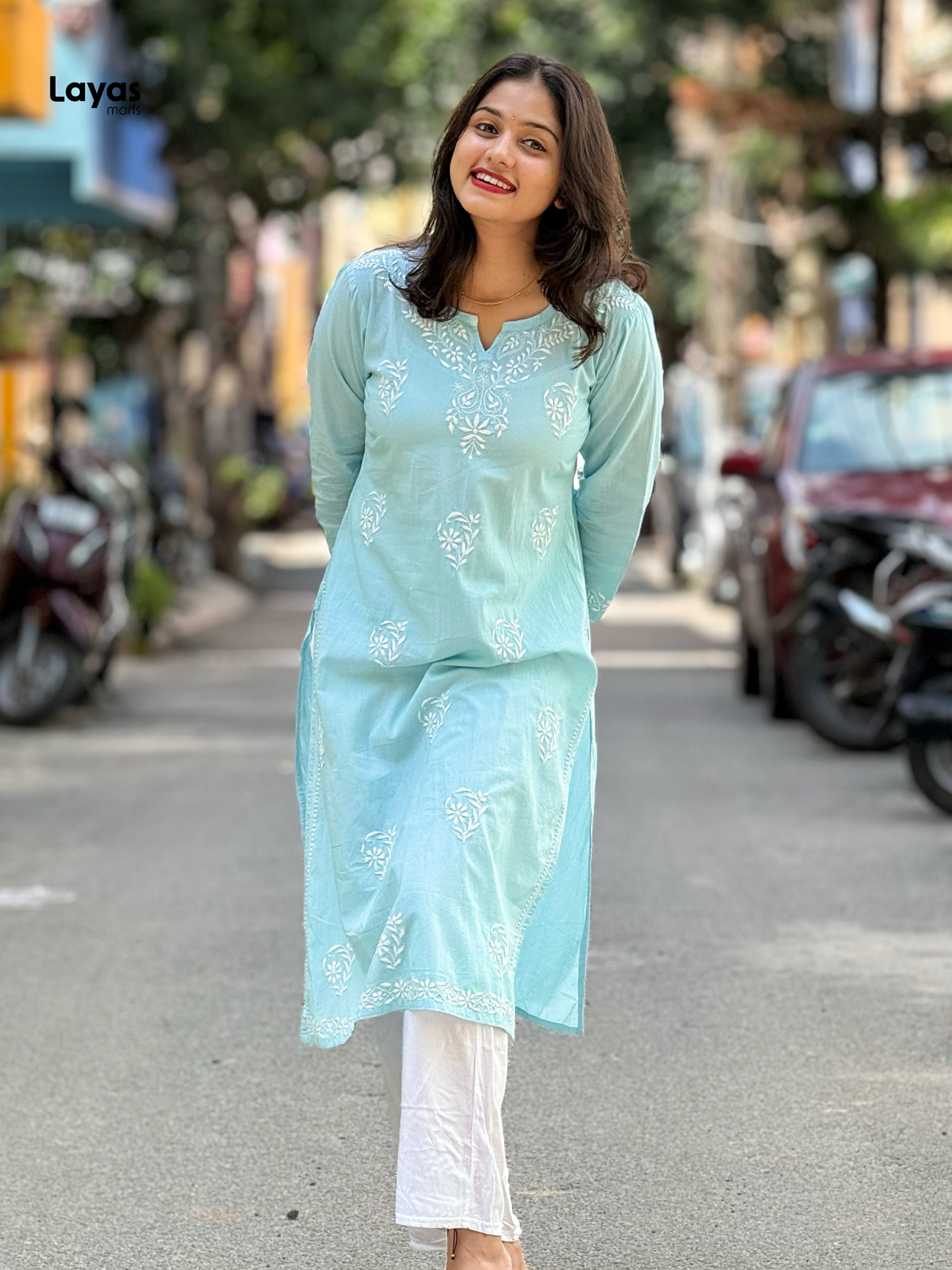 Pashni Powder Blue Cotton Chikankari Kurti