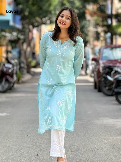 Pashni Powder Blue Cotton Chikankari Kurti