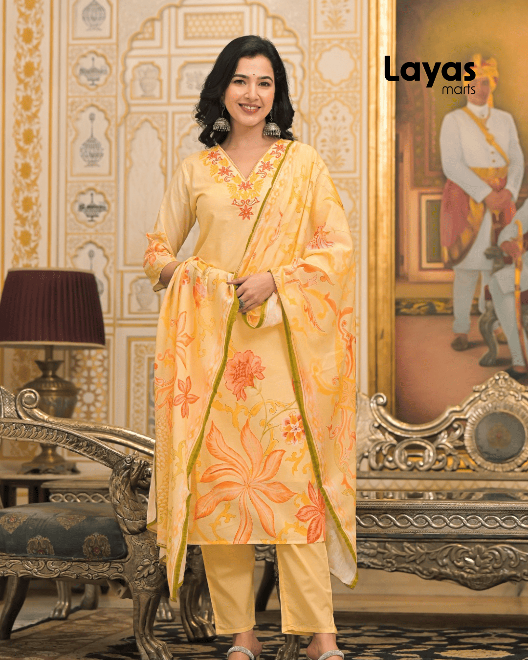 Yellow & Pink Floral Printed Cotton Kurta Set with Dupatta – Layas Marts