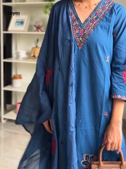 Gulmegh Indigo Blue Floral Embroidered Cotton Kurta Set