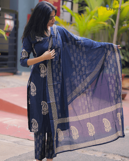 Navy Blue Floral Cotton Kurta  Pant Dupatta Set – Layas Marts